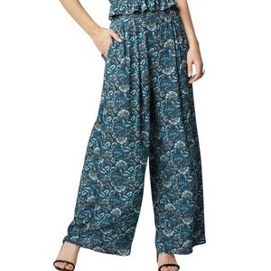 New Band of the Free Floral Print Smocked Waist Wide Leg Pants Teal Size Small